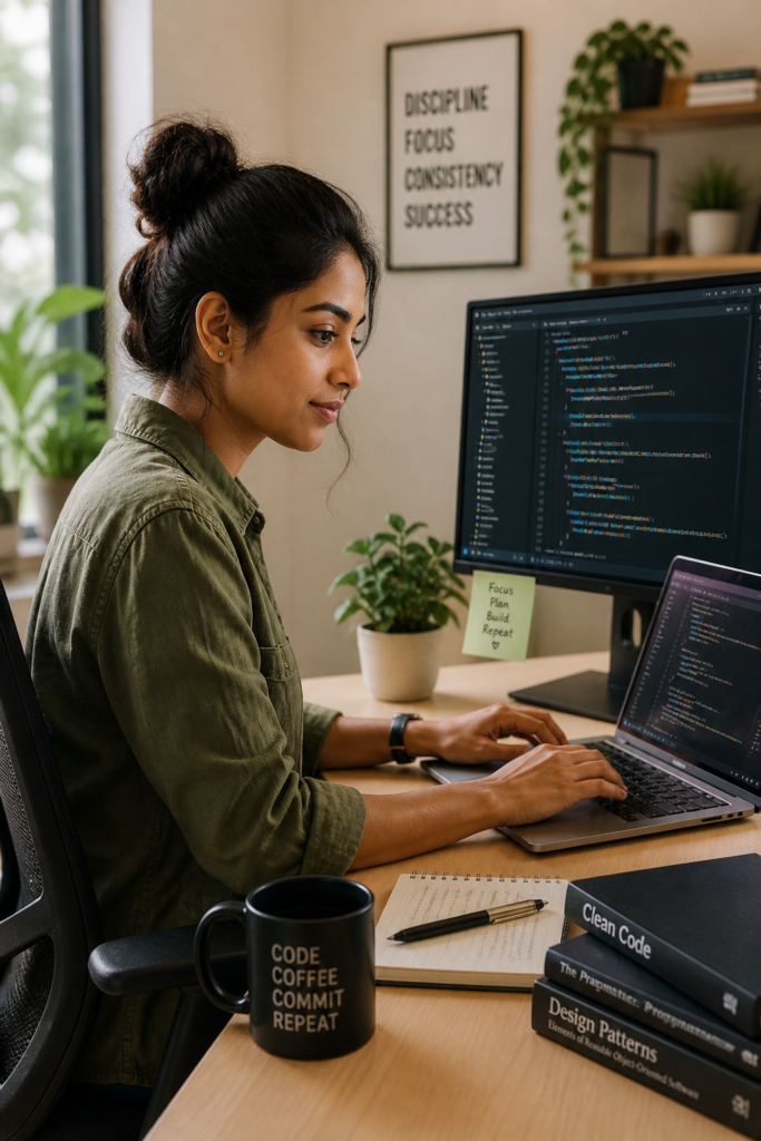 a female software engineer on her lap top has a cup of coffee at work.